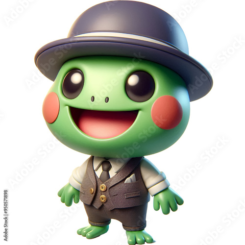  A cheerful frog with a wide smile, wearing a small vest and a bowler hat. on transparent background