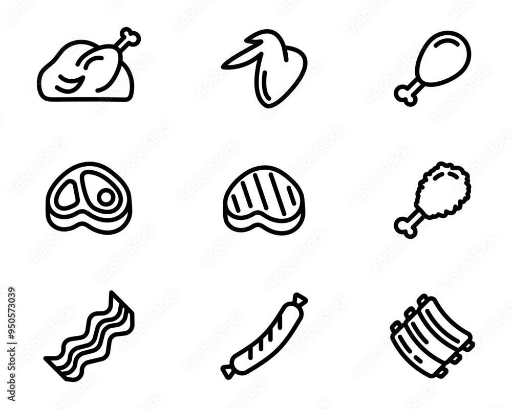 BBQ meat icon set. Grilled turkey sign. Beef steak symbol. Butcher color illustration. Roasted pork ribs pictogram. BBQ meat icon set. Grilled turkey sign. Beef steak symbol. Butcher color illustration. Roasted pork ribs pictogram.