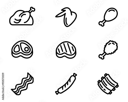BBQ meat icon set. Grilled turkey sign. Beef steak symbol. Butcher color illustration. Roasted pork ribs pictogram.
