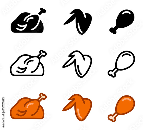 Whole turkey icon. Chicken wing sign. Grilled leg symbol. Thanksgiving turkey illustration. Roasted bird pictogram.