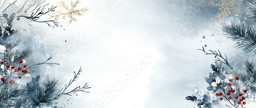 Winter watercolor background presentation design with text space for display, winter branches and berries, pine twigs and snowflakes on a white background with empty center area for text Generative AI