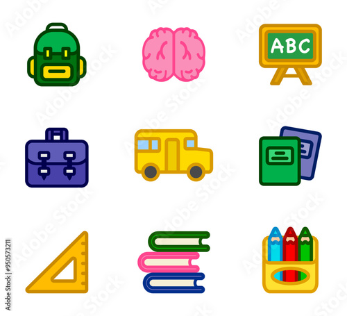back to school icon set. Colored crayons sign. Books symbol. Yellow bus illustration. Classroom pictogram.