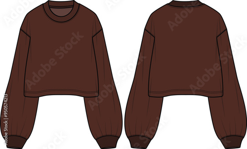 Women's Cropped Sweatshirt Long Sleeves Crewneck Technical Fashion Illustration. Crop Tops Oversized Fit Flat Apparel Sweat Template Front and Back. CAD mock-up.