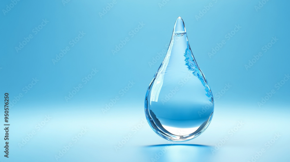 A single, perfectly formed water droplet suspended against a vibrant blue background. The droplet is translucent, capturing the light and reflecting the surrounding color. It represents purity, freshn A single, perfectly formed water droplet suspended against a vibrant blue background. The droplet is translucent, capturing the light and reflecting the surrounding color. It represents purity, freshn