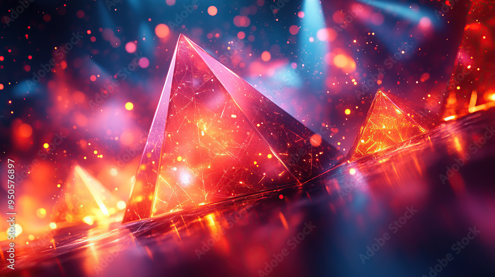 Three glowing pyramids with a red and blue light background. Three glowing pyramids with a red and blue light background.