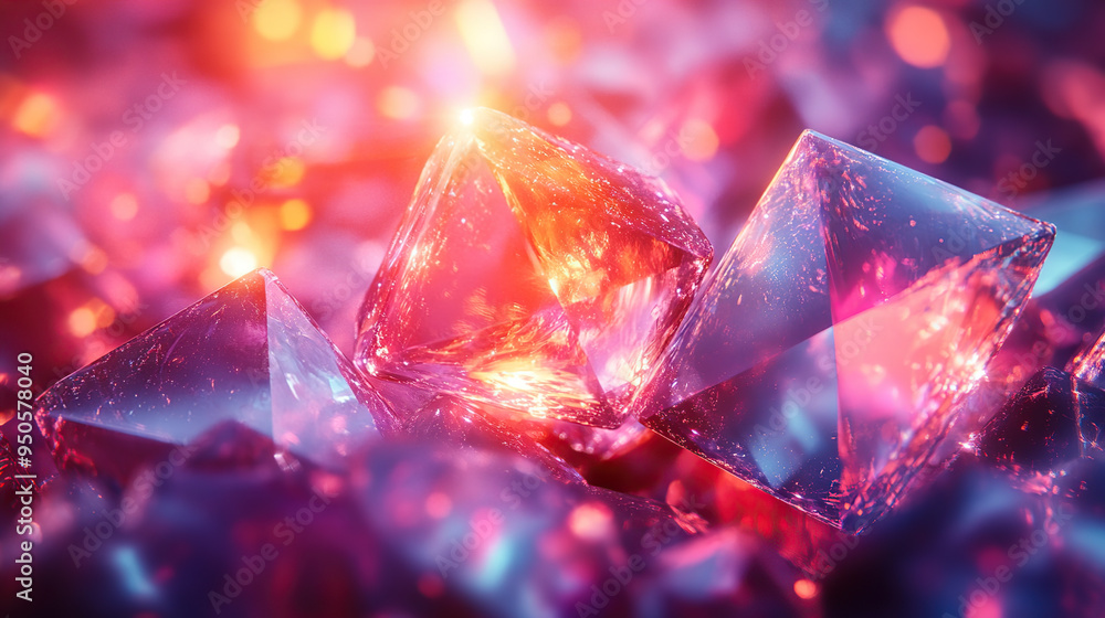 A close-up of sparkling pink and orange crystals with a blurred background. A close-up of sparkling pink and orange crystals with a blurred background.