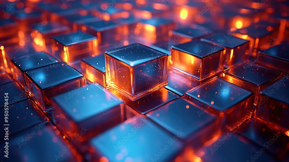 A close-up shot of a grid of glowing glass cubes with one cube lit in orange. A close-up shot of a grid of glowing glass cubes with one cube lit in orange.