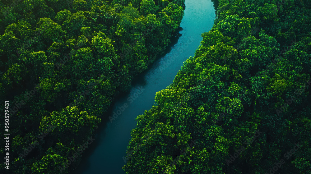 An aerial perspective of dense foliage with a winding river threading through, offering a glimpse into an untouched and serene forest ecosystem filled with diverse vegetation. An aerial perspective of dense foliage with a winding river threading through, offering a glimpse into an untouched and serene forest ecosystem filled with diverse vegetation.