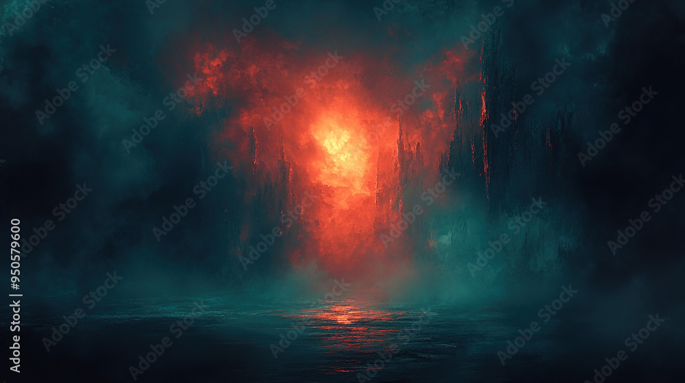 Obraz premium A dark, mysterious, and moody scene with a glowing orange light reflecting off a still body of water in the distance.