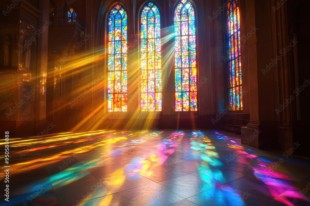 Sun rays streaming through stunning stained glass art illuminate the cathedral with a vivid interplay of colors and shadows, creating a spiritually uplifting atmosphere within the sacred space. Sun rays streaming through stunning stained glass art illuminate the cathedral with a vivid interplay of colors and shadows, creating a spiritually uplifting atmosphere within the sacred space.