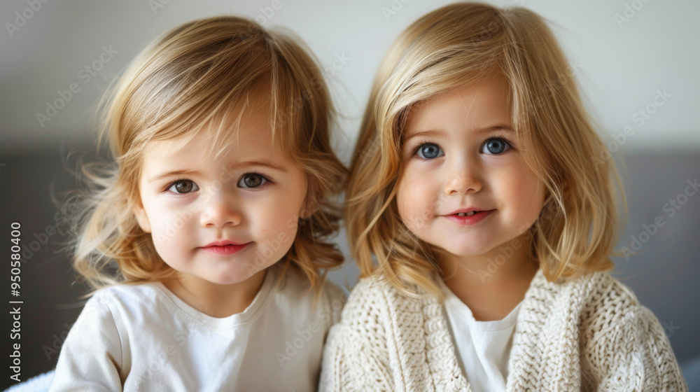 Two young children with blonde hair and blue eyes smiling together, capturing a warm and innocent sibling bond. Two young children with blonde hair and blue eyes smiling together, capturing a warm and innocent sibling bond.
