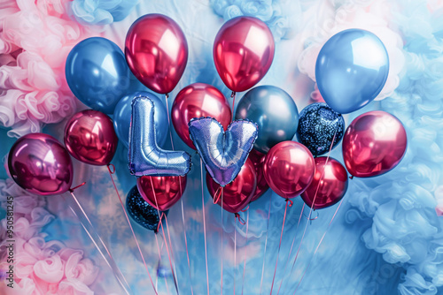 A vibrant display of the word LV spelled out with iridescent, metallic balloons. The letters are arranged against a soft, pastel background, creating a cheerful and romantic atmosphere. photo