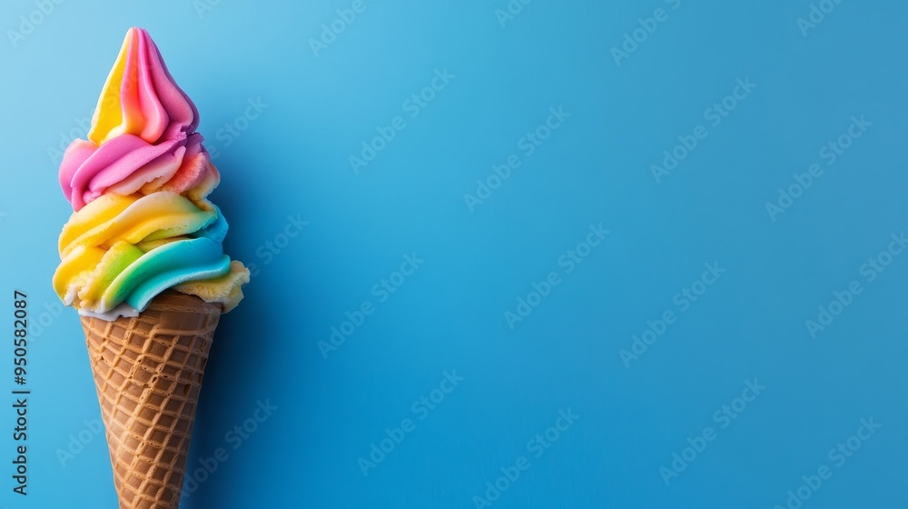 A vibrant rainbow swirl ice cream cone stands tall against a crisp blue background, symbolizing joy, summertime fun, and the sweet indulgence of dessert. The colors evoke feelings of happiness and cel A vibrant rainbow swirl ice cream cone stands tall against a crisp blue background, symbolizing joy, summertime fun, and the sweet indulgence of dessert. The colors evoke feelings of happiness and cel