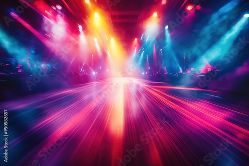 Stage with layered light beams, vibrant neon colors, dynamic and highenergy vibe ,