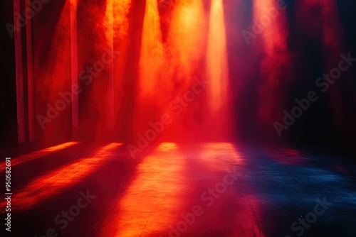 Stage with radial light patterns, vibrant red and orange, intense and fiery atmosphere ,