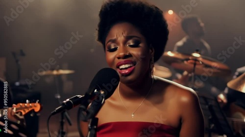 young plump black jazz singer in a red dress, singing with a microphone in a dimly lit jazz club. She is wearing an elegant red dress. A live band is playing quietly in the shadows in the background.