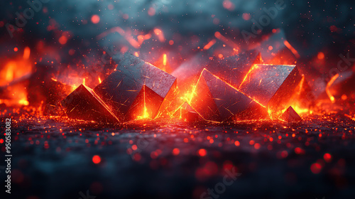 A group of burning pyramids with smoke and embers in the foreground on a dark background.