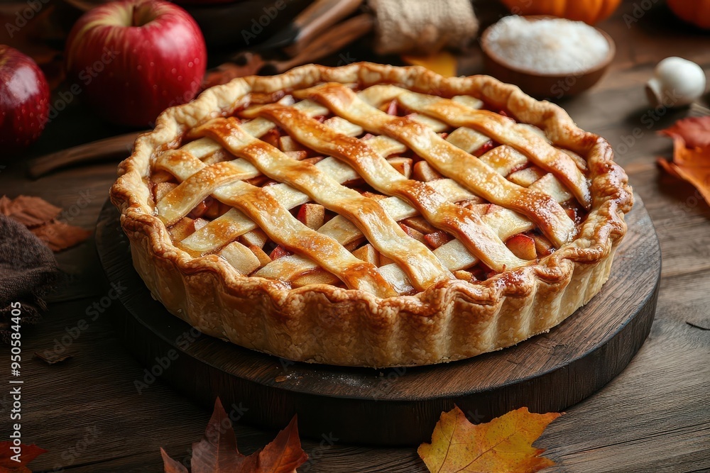 rustic wooden table adorned with a freshly baked apple pie its golden lattice crust steaming gently surrounded by scattered ingredients and autumn decor rustic wooden table adorned with a freshly baked apple pie its golden lattice crust steaming gently surrounded by scattered ingredients and autumn decor