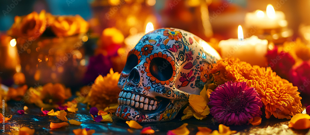 Day of the Dead, greeting banner, Mexican colorful skulls. Mexican, hispanic ceramic pottery Day of the Dead ,Dia de los Muertos, skulls Day of the Dead, greeting banner, Mexican colorful skulls. Mexican, hispanic ceramic pottery Day of the Dead ,Dia de los Muertos, skulls