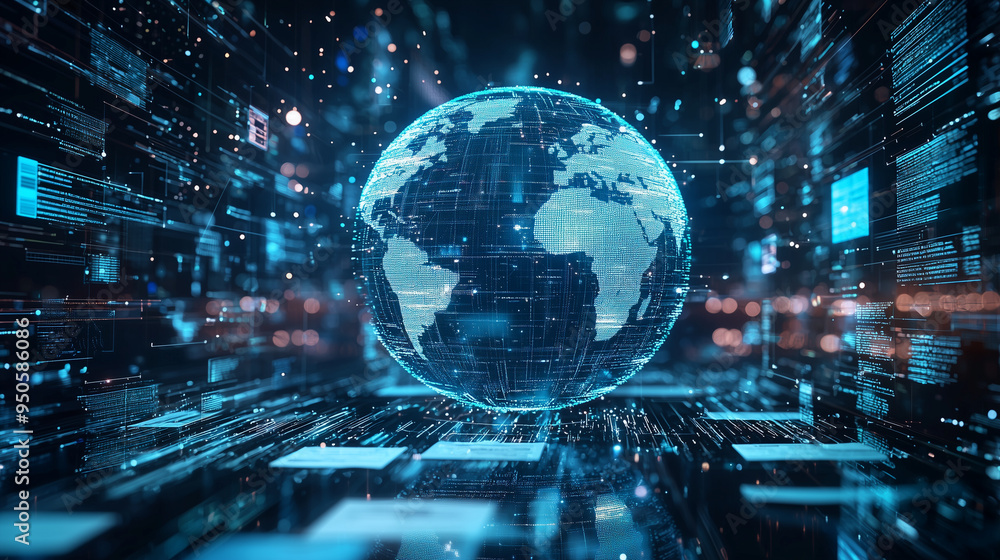 Digital world globe spinning in cyberspace with data and information flow, symbolizing global connectivity and technology Digital world globe spinning in cyberspace with data and information flow, symbolizing global connectivity and technology