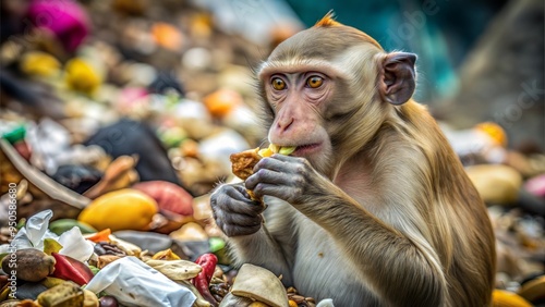  hungry thin dirty monkey in a garbage dump photo