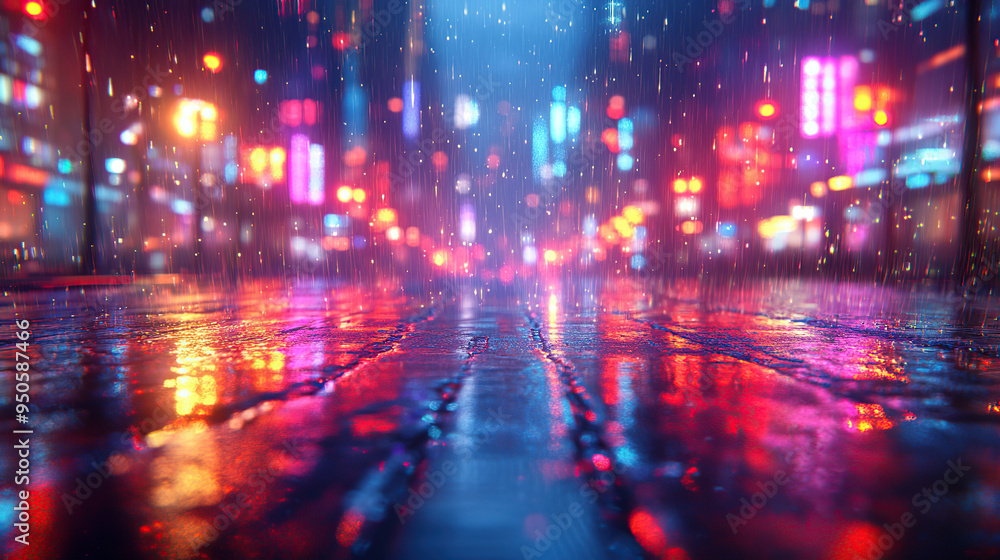 A wet city street at night with glowing neon lights and rain falling, creating a sense of urban mystery and atmosphere. A wet city street at night with glowing neon lights and rain falling, creating a sense of urban mystery and atmosphere.