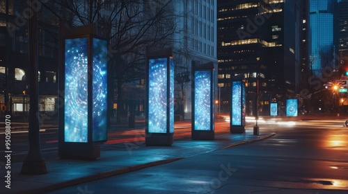 Nighttime Cityscape with Illuminated Billboards