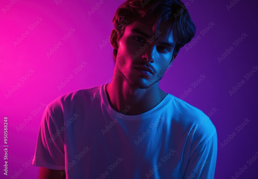 young man in a white shirt, standing against a purple background with blue light on his face young man in a white shirt, standing against a purple background with blue light on his face