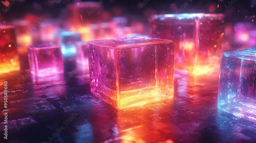 Abstract 3D rendering of glowing neon cubes in vibrant colors on a reflective surface. Abstract 3D rendering of glowing neon cubes in vibrant colors on a reflective surface.