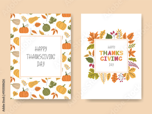 Happy Thanksgiving Day Frames set. Pumpkins, Falling leaves, Hand lettering. Flat Design festive Backgrounds pattern. Autumn holiday cute illustration. Template for Seasonal banner, card, flyer design