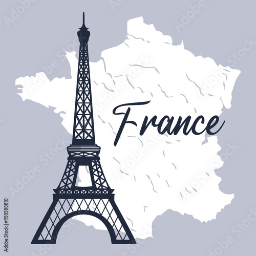 Eiffel Tower silhouette on the background of the map of France. Illustration