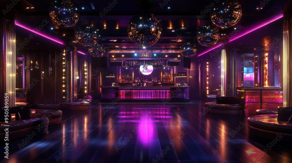 Nightclub Interior with Disco Balls and Neon Lights Nightclub Interior with Disco Balls and Neon Lights