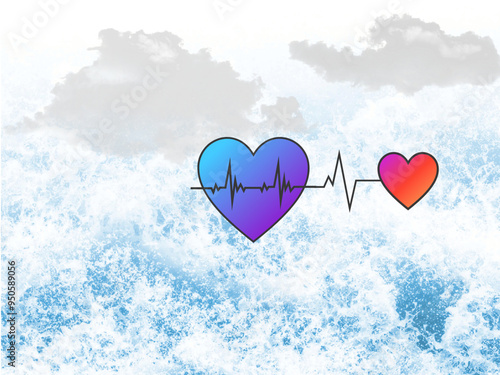 heart on sky,Two hearts above blue water, clouds connecting with the stars above