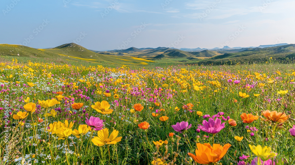 Fototapeta premium This picturesque image highlights an abundant meadow of wildflowers in full bloom set against the rolling green hills, creating a colorful and lively natural scene during daytime.