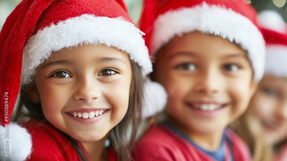 Children wearing red Christmas hats. The scene captures the festive spirit and Merry Christmas and Happy New Year holiday cheer. Children wearing red Christmas hats. The scene captures the festive spirit and Merry Christmas and Happy New Year holiday cheer.