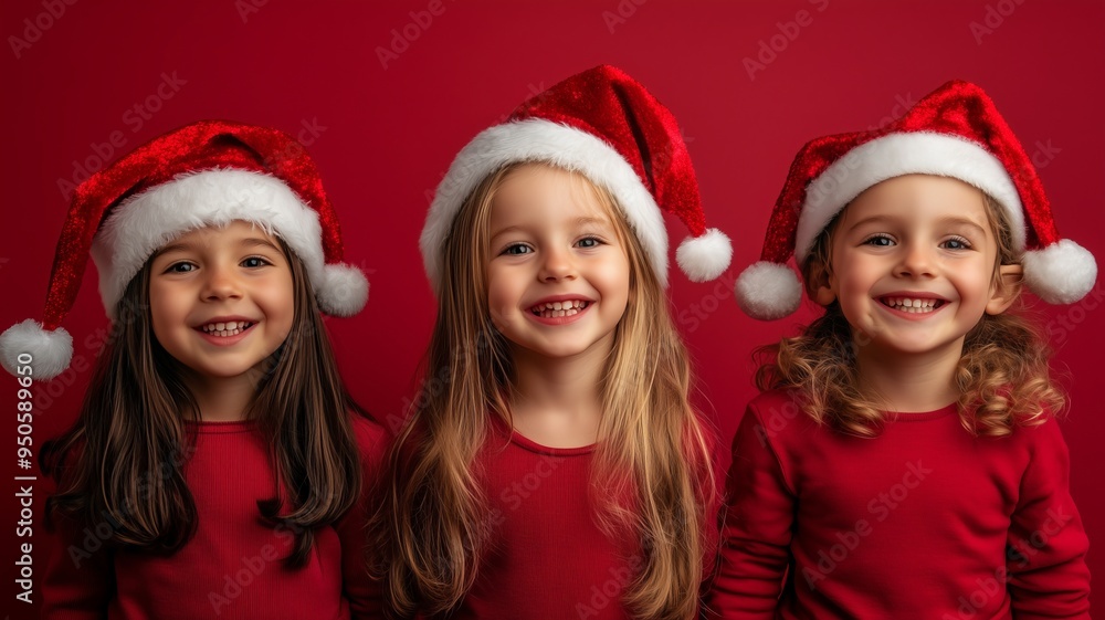 Children wearing red Christmas hats. The scene captures the festive spirit and Merry Christmas and Happy New Year holiday cheer. Children wearing red Christmas hats. The scene captures the festive spirit and Merry Christmas and Happy New Year holiday cheer.