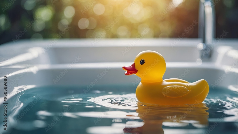 A yellow rubber duck happily swims in a warm, sunny bath filled with calm water A yellow rubber duck happily swims in a warm, sunny bath filled with calm water