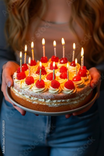 A woman s hands presenting a beautifully decorated birthday cake with soft candlelight glow photo