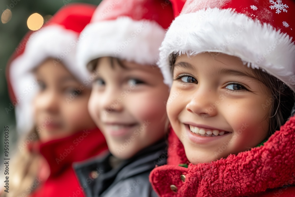 Children wearing red Christmas hats. The scene captures the festive spirit and Merry Christmas and Happy New Year holiday cheer. Children wearing red Christmas hats. The scene captures the festive spirit and Merry Christmas and Happy New Year holiday cheer.