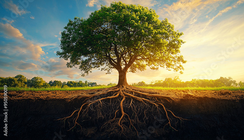A large tree with expansive roots revealed during sunset in a serene landscape near a grassy field