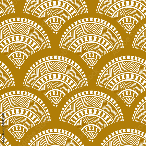 Hand drawn decorative scallop seamless pattern in gold, large scale