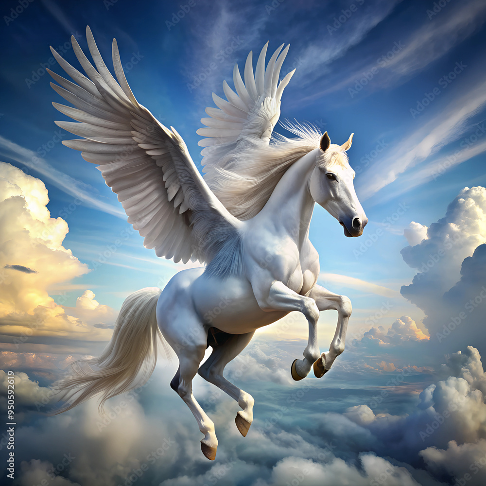 Majestic white winged horse, Pegasus, in flight Majestic white winged horse, Pegasus, in flight