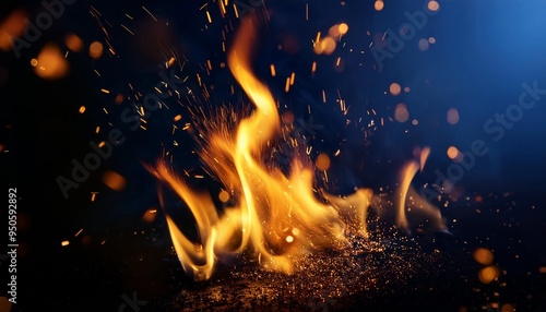 a mesmerizing flame dances in darkness its golden glow illuminating sparks and embers against a deep blue black background