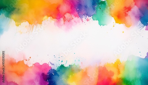 watercolor paint background design with colorful borders and white center watercolor bleed and fringe with vibrant distressed grunge texture photo