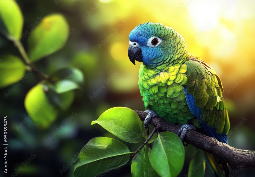 Obraz premium parakeet perched on a branch, its vibrant green feathers