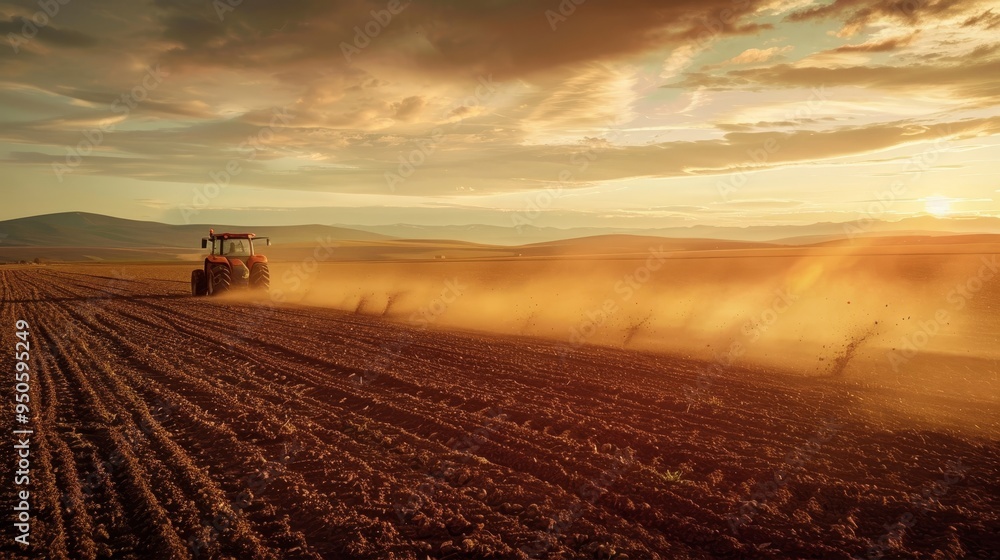 Tractor plowing vast field under picturesque sky in wide angle shot of soil turning Tractor plowing vast field under picturesque sky in wide angle shot of soil turning