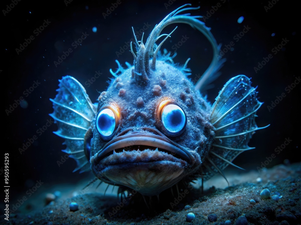 A bioluminescent anglerfish with a fleshy growth on its head, surrounded by deep-sea darkness, its large eyes glowing in the faint blue light of the abyss. A bioluminescent anglerfish with a fleshy growth on its head, surrounded by deep-sea darkness, its large eyes glowing in the faint blue light of the abyss.