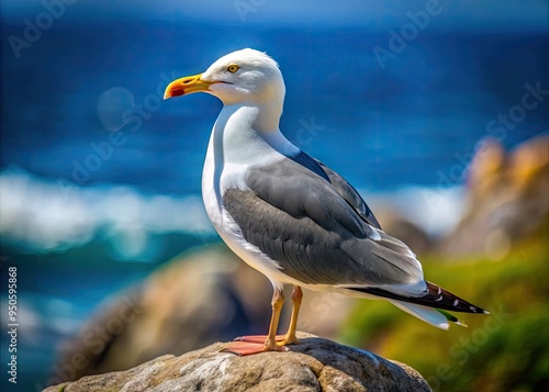 A Close-Up Side Profile Of A Slaty-Backed Gull Perched On A Rock With A Blurred Ocean Background. photo