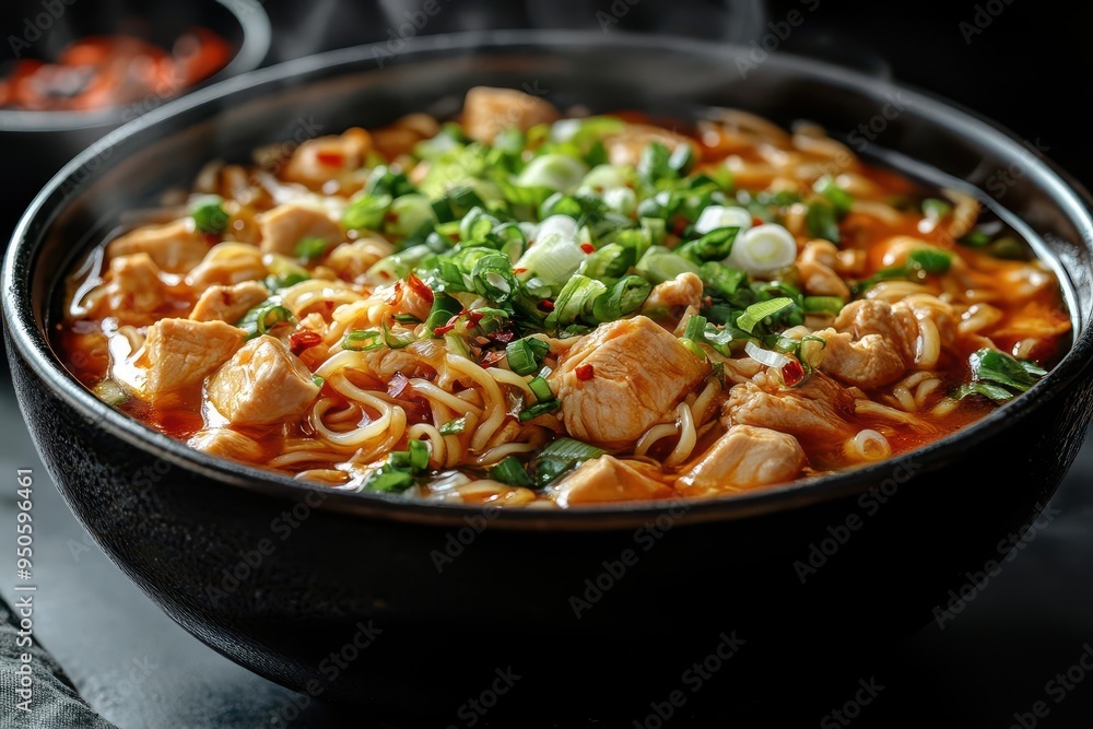 steaming bowl of kung pao chicken noodle soup vibrant colors and textures closeup showcases egg noodles scallions and sprouts appetizing food photography with asian flair steaming bowl of kung pao chicken noodle soup vibrant colors and textures closeup showcases egg noodles scallions and sprouts appetizing food photography with asian flair
