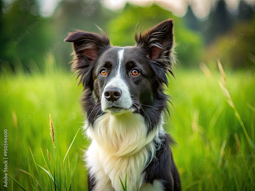 A curious and agile Border Collie dog stands alert in a lush green meadow, gazing intensely into the distance with intelligent, expressive eyes. A curious and agile Border Collie dog stands alert in a lush green meadow, gazing intensely into the distance with intelligent, expressive eyes.